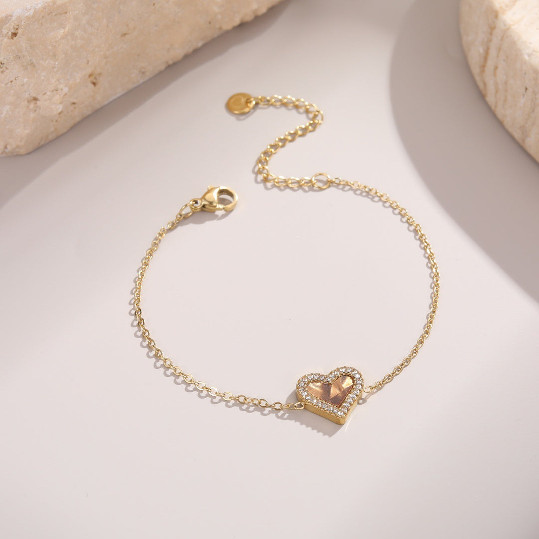 White Shell & Diamond Heart Pendant Necklace & Bracelet Set (Elegant Daily Jewelry Set)