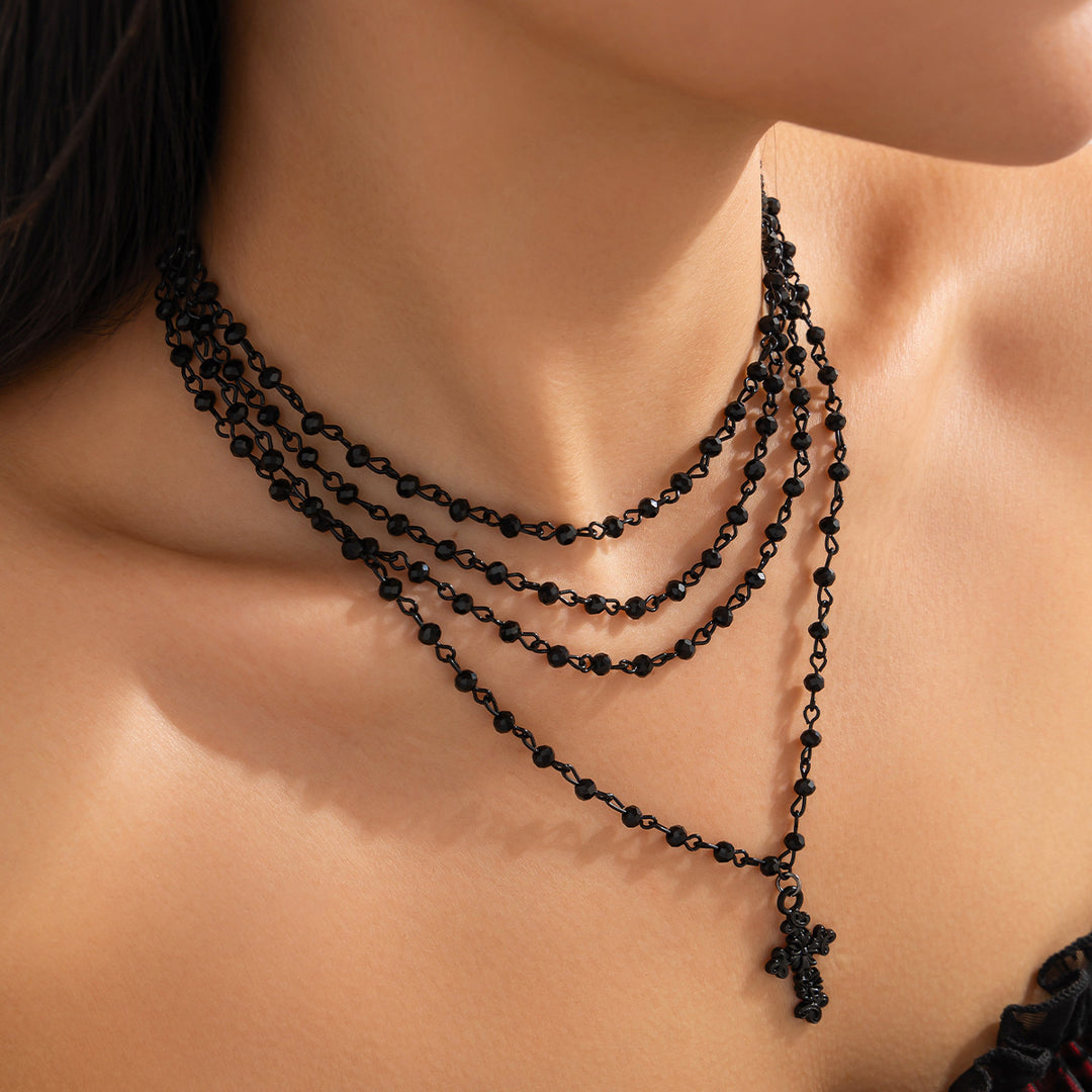 Multi-Layer Black Beaded Cross Pendant Necklace, Dark Style 4-Row Stack Cross Choker, Gothic Punk Collarbone Jewelry