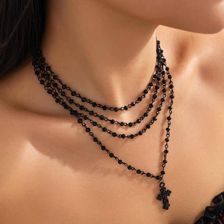 Multi-Layer Black Beaded Cross Pendant Necklace, Dark Style 4-Row Stack Cross Choker, Gothic Punk Collarbone Jewelry