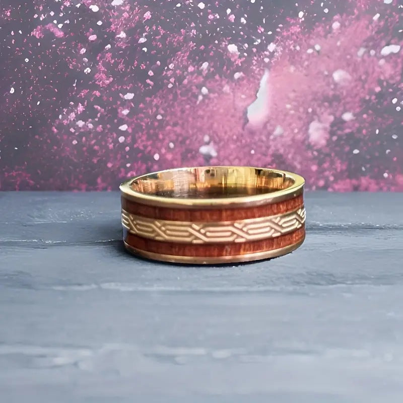 Gold‑Toned Celtic Pattern Wood Inlay Wide Band Ring For Men