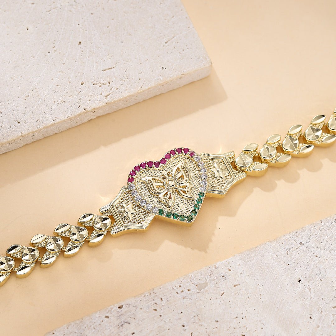 Tri‑Color Heart Butterfly Engraved Adjustable Bracelet