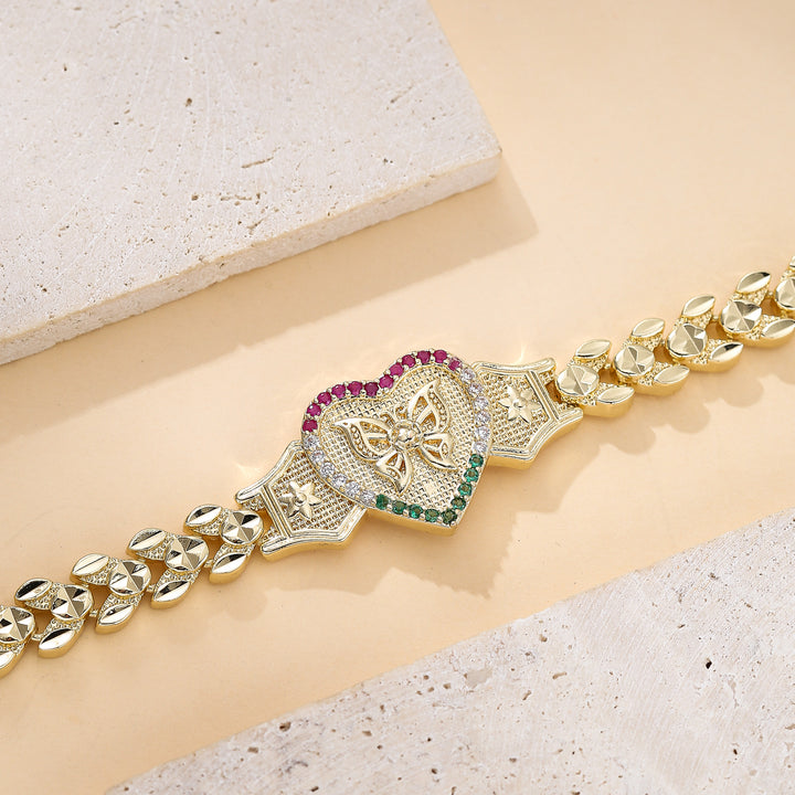 Tri‑Color Heart Butterfly Engraved Adjustable Bracelet