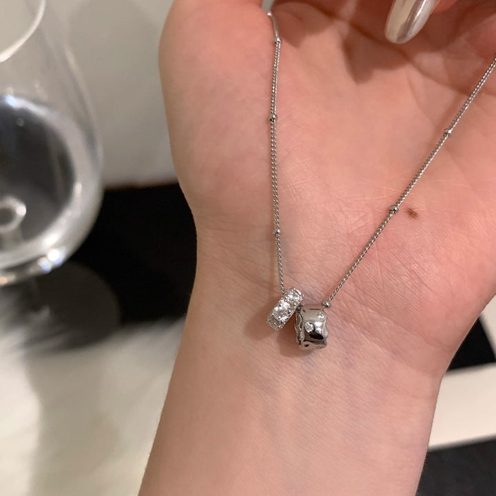 Double Ring Diamond Silver Tone Necklace (Minimalist Beaded Chain)