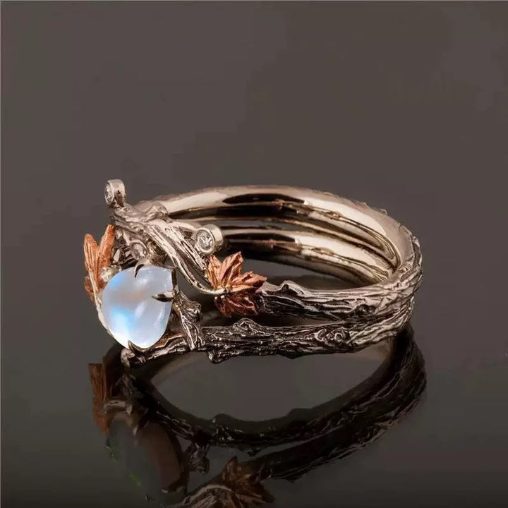 Two-Tone Vintage Branch Maple Leaf Moonstone Ring Set, Forest Style Artistic Stackable Closed Ring