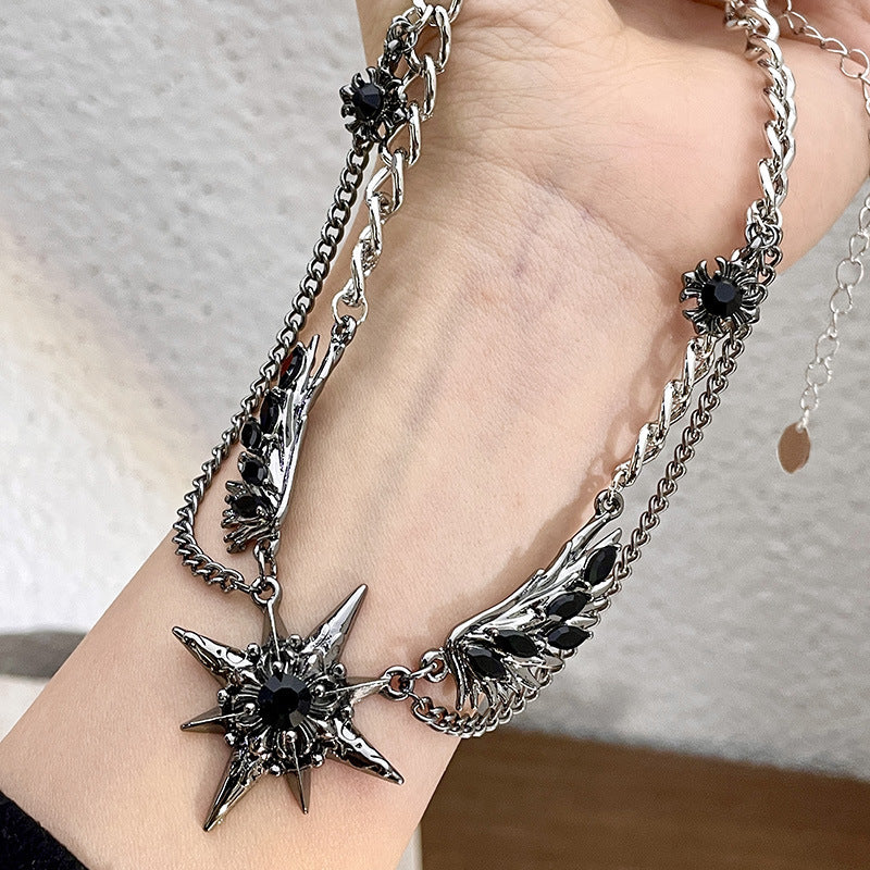 Vintage Wing Star Layered Spliced Necklace, Cool Wing Diamond Unisex Statement Choker