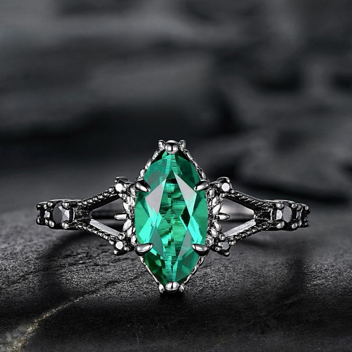 Gothic Marquise Green Gemstone Stackable Ring Set (Black Tone Statement Band)