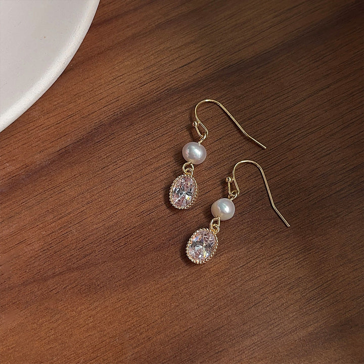 Oval Diamond Pearl Drop Hook Earrings, French Light Luxury Long Face Slimming Dainty Earrings