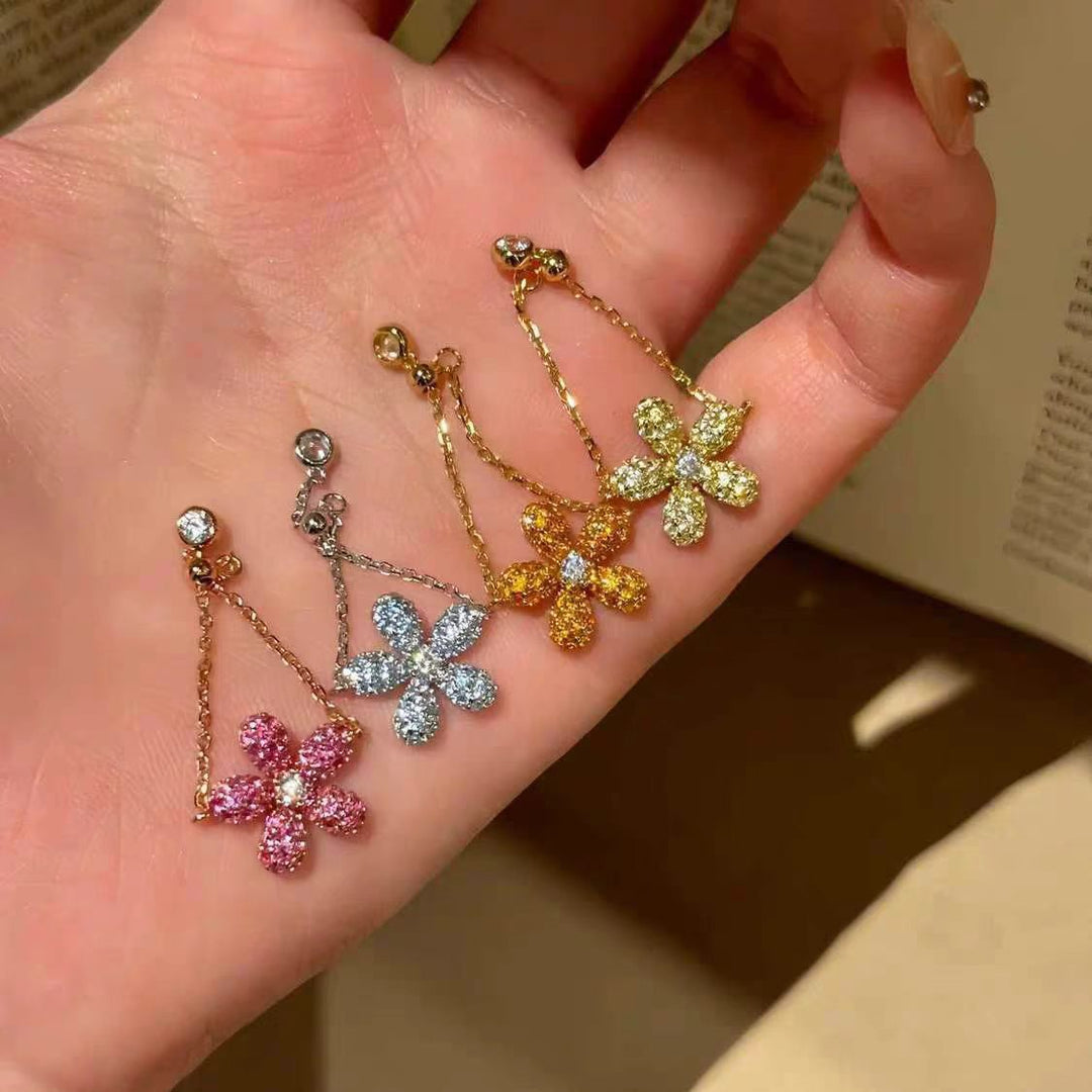 S925 Silver Colorful Pave‑Set Flower Chain Ring, Multi‑Color Adjustable Five‑Petal Soft Band Ring for Women