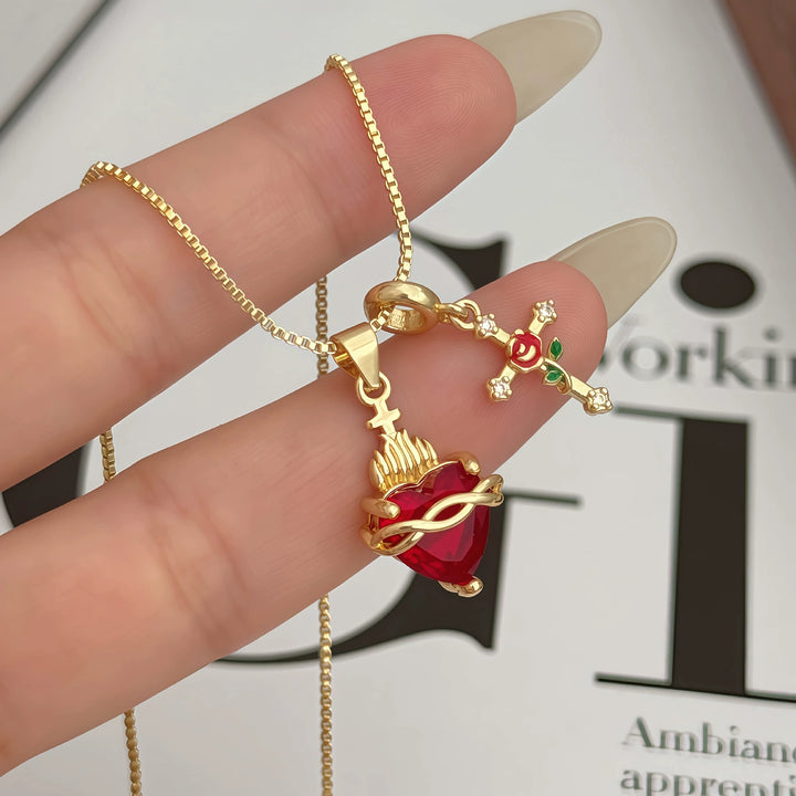 Sacred Heart Red Diamond & Rose Cross Combo Necklace, 3 Heart Styles Vintage Faith Choker