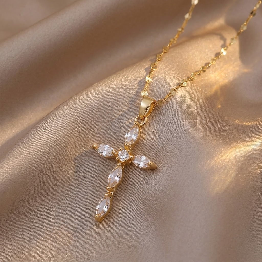 Marquise‑Cut Colored Diamond Cross Pendant Choker Necklace, 3‑Color Options