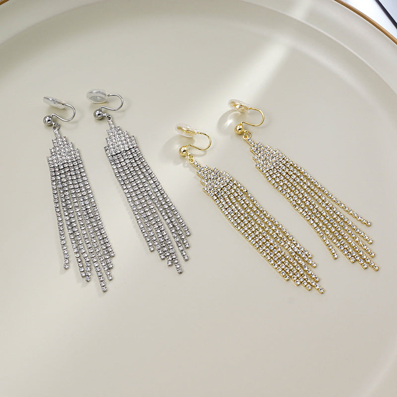 Tiered Paved Diamond Long Tassel Earrings, Silicone Clip-On & Hook Versions Gold Silver Sparkling Banquet Dangle Jewelry