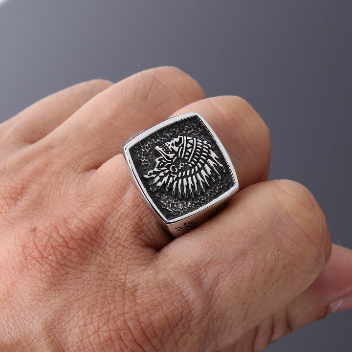 Native American Chief Skull Embossed Square Wide Ring, Solid S925 Silver Antiqued Tribal Heavy Men’s Band