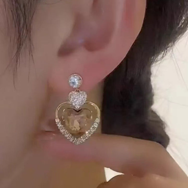 Double Heart Pavé Champagne Gold Drop Earrings (Luxury Gentle Sweetheart Jewelry)