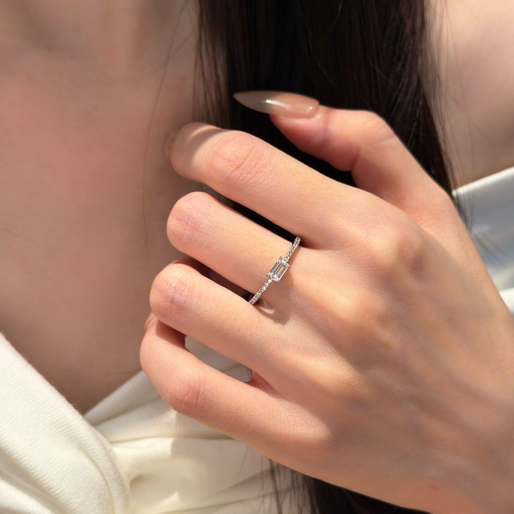 Rectangular Diamond Four-Prong Side Stone S925 Silver Ring
