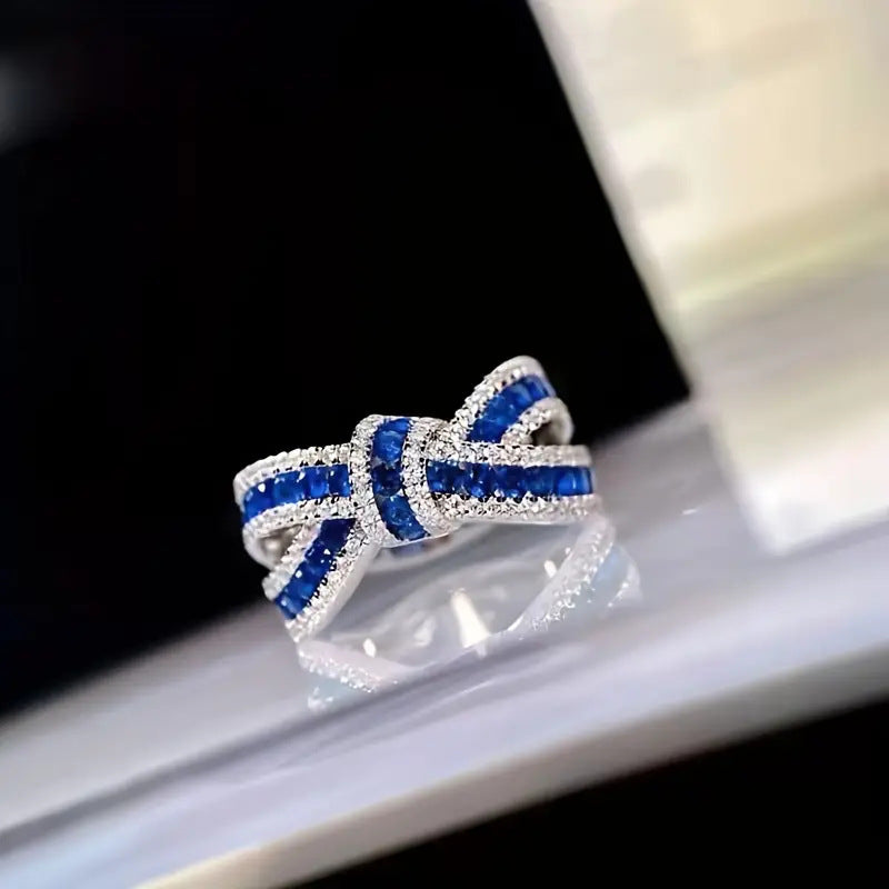 S925 Silver Interwoven Bow Color Gemstone Ring, Red & Blue Gem Pave‑Set Luxury Wide Band for Women