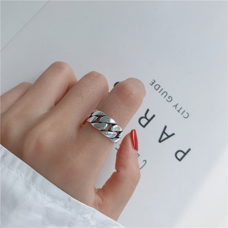 Minimalist 925 silver Cuban Chain Ring, Gold & Silver Neutral Street Trend Wide Band