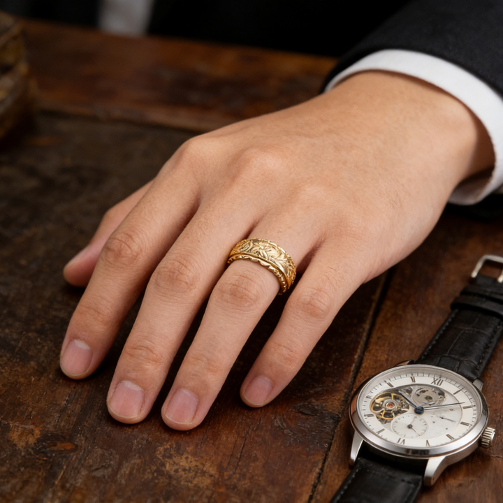 Hawaiian Engraved Floral Gold Band Ring (Vintage Court Style Wide Ring)