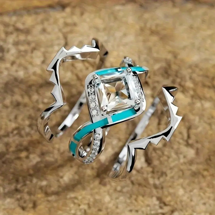 Native American Style Turquoise Inlay Diamond Stackable Ring Set, Square Gem Luxury Engagement Stacking Band