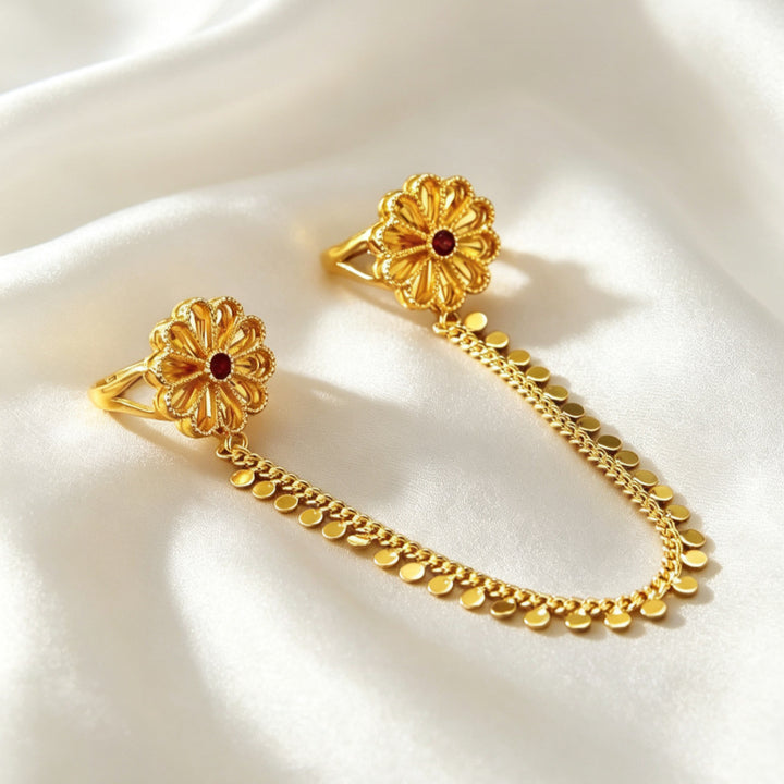 Vintage Embossed Floral Linked Double Ring Chain, Solid S925 Silver Gold-Plated 3 Gemstone Dangling Two-Finger Band