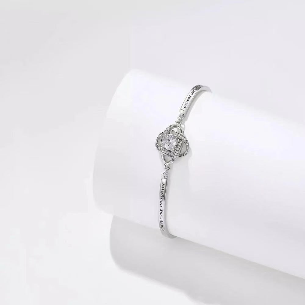 Engraved Celtic Knot Diamond Bangle, Sentimental Adjustable Silver Daughter Gift Bracelet