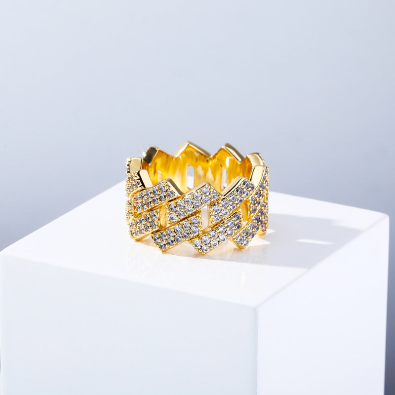 Full Pave Cuban Link Wide Band Ring, Solid S925 Silver Gold & Silver Two-Tone Hip Hop Heavy Chain Statement Ring