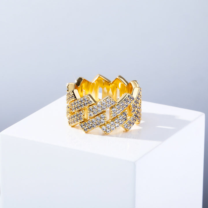 Full Pave Cuban Link Wide Band Ring, Solid S925 Silver Gold & Silver Two-Tone Hip Hop Heavy Chain Statement Ring