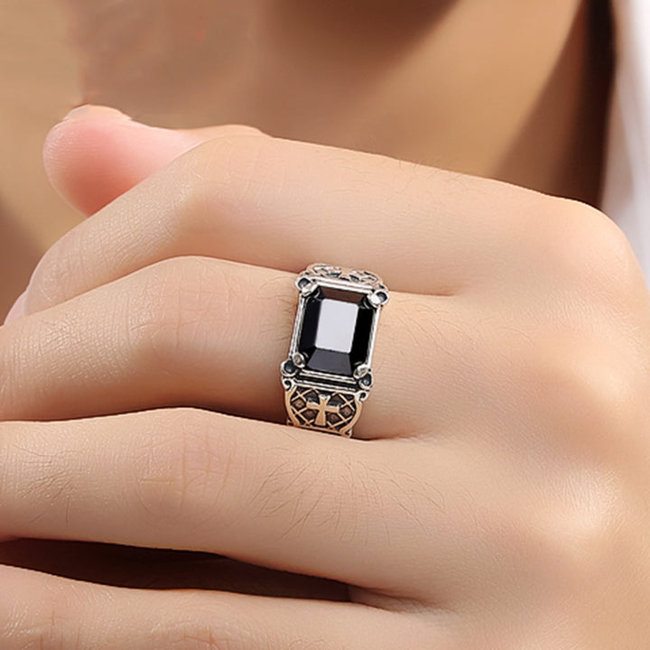 Vintage Rectangular Black Gem Cross Hollow‑Out Men's Ring