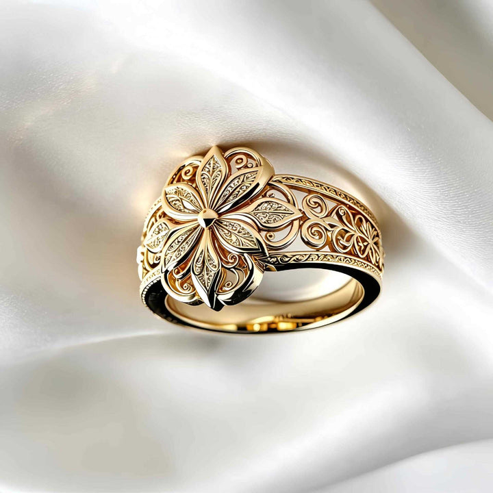 Vintage Hollow Eight-Petal Flower Wide Band Ring, Gold & Silver European Palace Plain Carved Heavy Craft  Ring