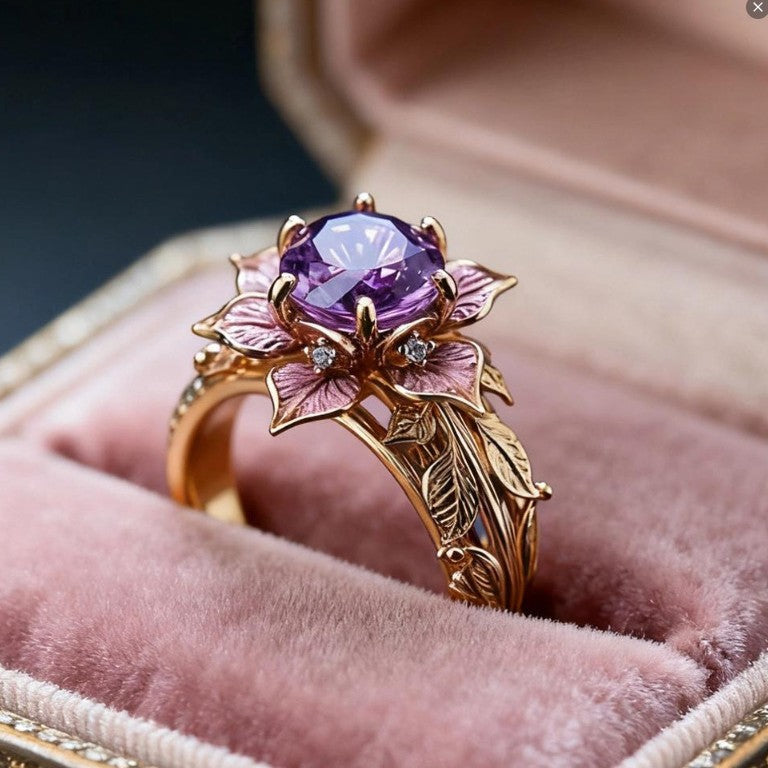 Amethyst Floral Relief Ring (Light Luxury Niche Vintage Band)