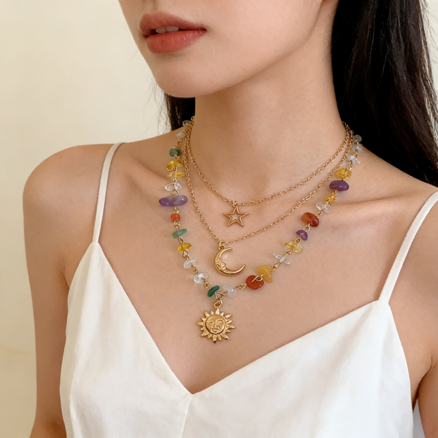 Sun Moon Star Chakra Stone Layered Necklace Set (Boho Mystic Choker)