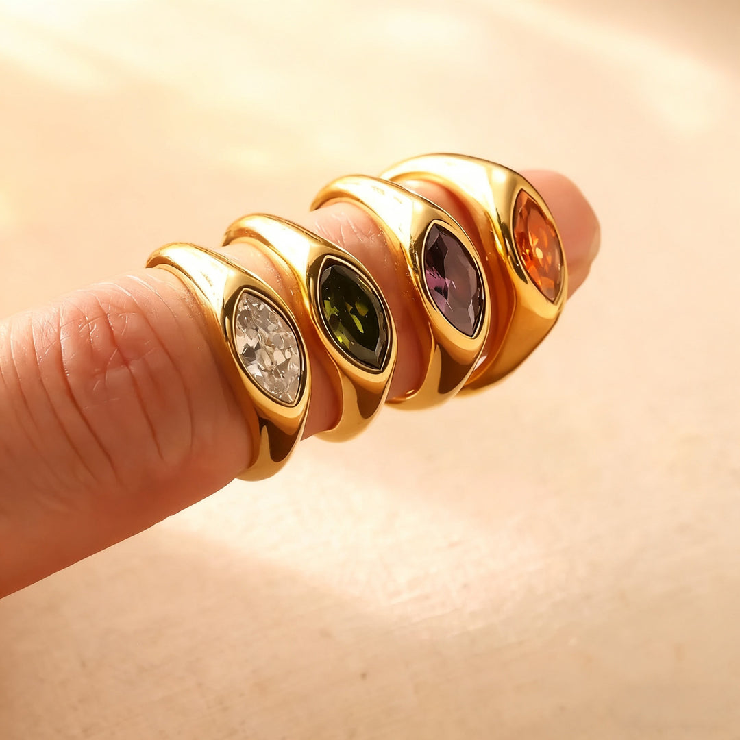 Marquise‑Cut Colored Gemstone Bezel‑Set Wide‑Band Gold‑Plated S925 Sterling Silver Ring, Multi‑Colors Available