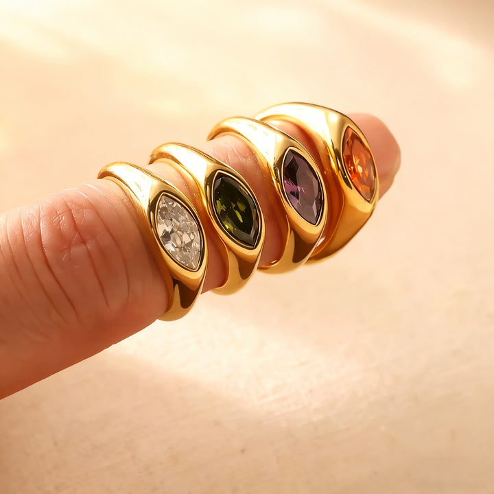 Marquise‑Cut Colored Gemstone Bezel‑Set Wide‑Band Gold‑Plated S925 Sterling Silver Ring, Multi‑Colors Available