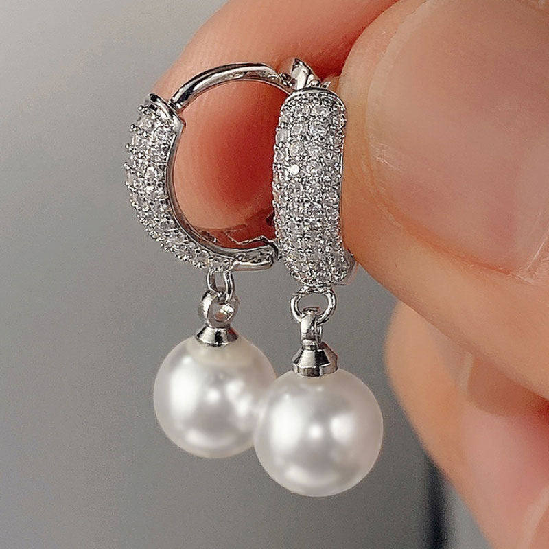 Paved C-Shape Pearl Leverback Hoop Earrings, 2-Way Detachable Dangle Pearl Luxury Daily Earrings for Women