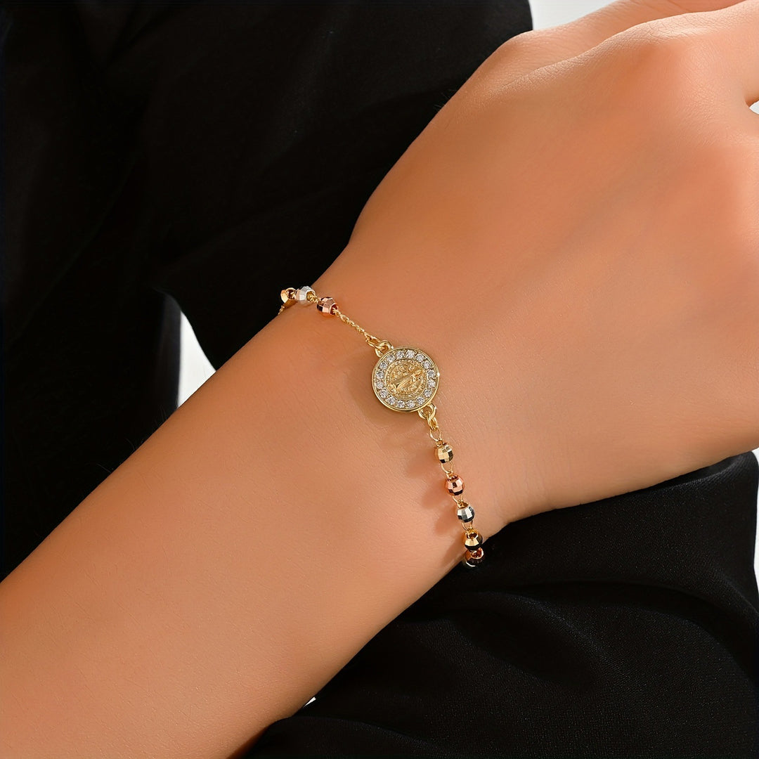 Tri-Color Faceted Bead Virgin Mary Cross Bracelet, Religious Diamond Saint Medal Jewelry, Gold Plated Rosary Bracelet for Women