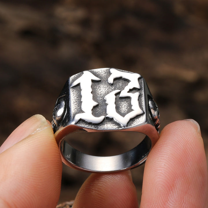 Vintage Number 13 Skull Signet Ring, S925 Silver Antiqued Punk Biker Statement Band For Men