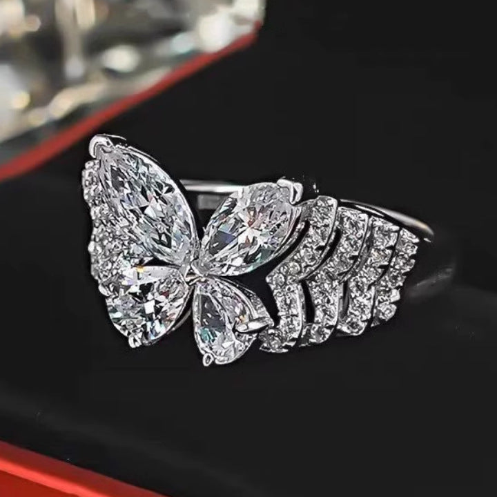 S925 Silver Pave‑Set Butterfly Wing Ring, Gorgeous Heavy‑Duty Stackable Sparkling Ring for Women