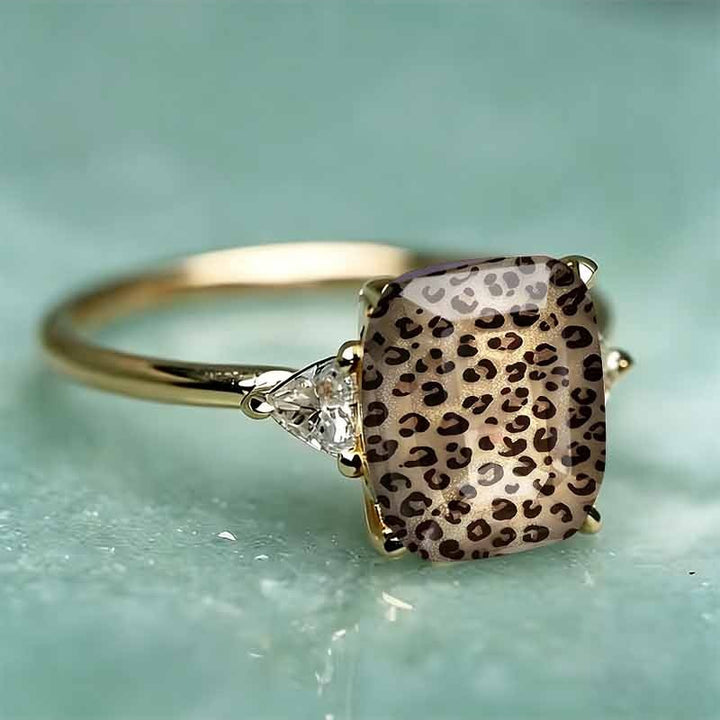 Vintage Leopard Print Rectangle Resin Stone Ring, Solid S925 Silver Gold & Silver Two-Tone Wild Trendy Unique Band