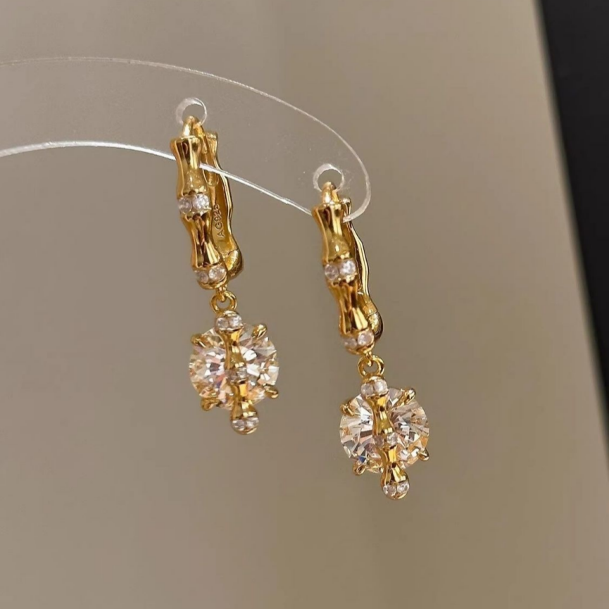 S925 Silver Bamboo Knot Huggie Earrings with Round Diamond Charms, Vintage Gold Drop Earrings