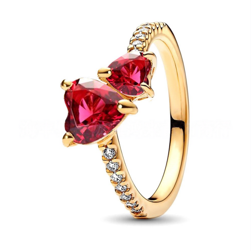 Two Heart Shaped Stone Ring, Gold & Silver Luxury Promise Engagement Diamond Band
