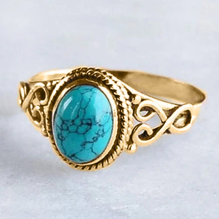 Vintage Turquoise Vines Carved Ring, 3-Tone Ethnic Oval Natural Stone Bohemian Ring for Women