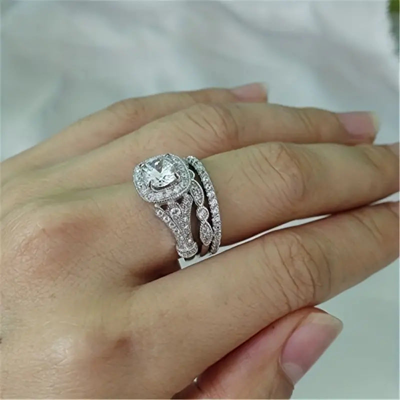 Vintage Milgrain Halo 3-Piece Bridal Ring Set, Solid S925 Silver 3-Tone Heavy Stackable Engagement Band Set