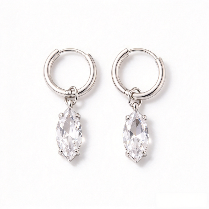Marquise Diamond S925 Silver Huggie Earrings, Simple Teardrop Dangle Hoop Earrings, Elegant Earrings for Women, Gold / Silver Two Colors Available