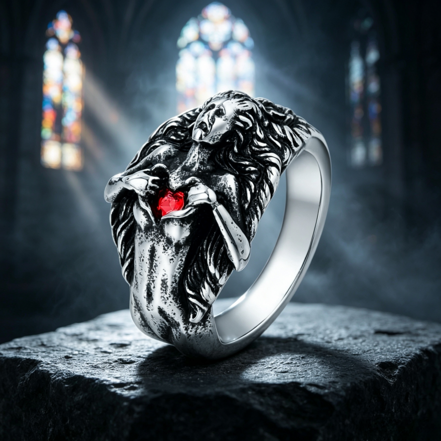 Antiqued 3D Heart-Holding Goddess Embossed Wide Ring, S925 Silver Dark Gothic Art Figure Unisex Band