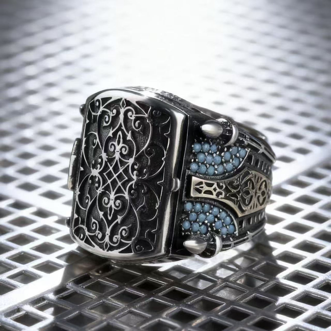 Vintage‑Engraved Hollow Turquoise Wide‑Band Men’s Ring