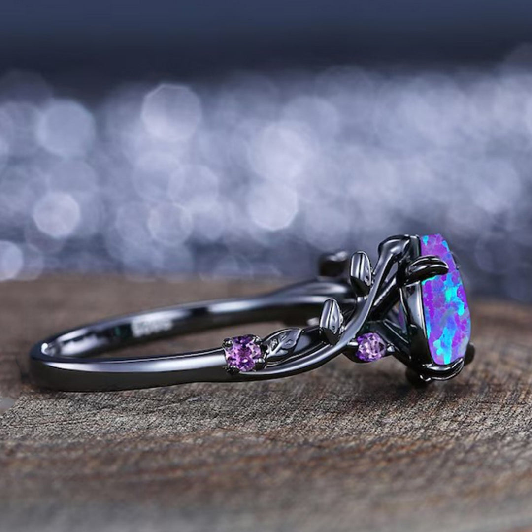 Black‑Plated Teardrop Opal Vine‑Shaped Ring With Purple Diamond