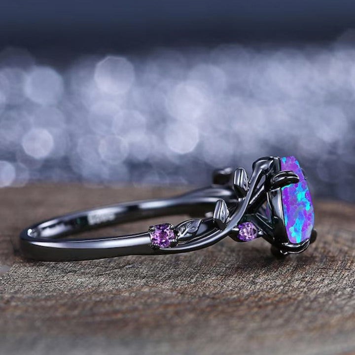 Black‑Plated Teardrop Opal Vine‑Shaped Ring With Purple Diamond