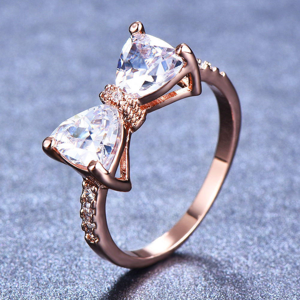 Triangle Stone Bow Pave Ring, Multi-Color Gem Silver/Rose Gold Luxury Feminine Band