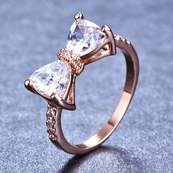 Triangle Stone Bow Pave Ring, Multi-Color Gem Silver/Rose Gold Luxury Feminine Band