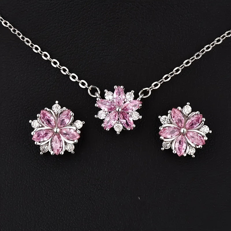 Pink Diamond Cherry Blossom Jewelry Set, Necklace Ring Earring 3‑Piece Kit