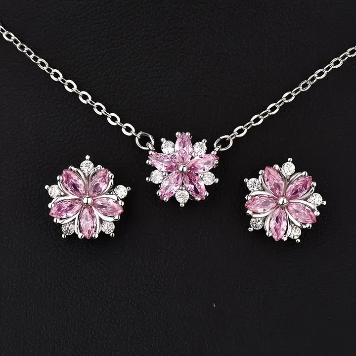 Pink Diamond Cherry Blossom Jewelry Set, Necklace Ring Earring 3‑Piece Kit
